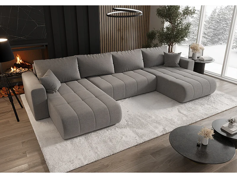 Canapé d'angle convertible avec coffre de rangement MILO U, tissu WIND, gris-brun