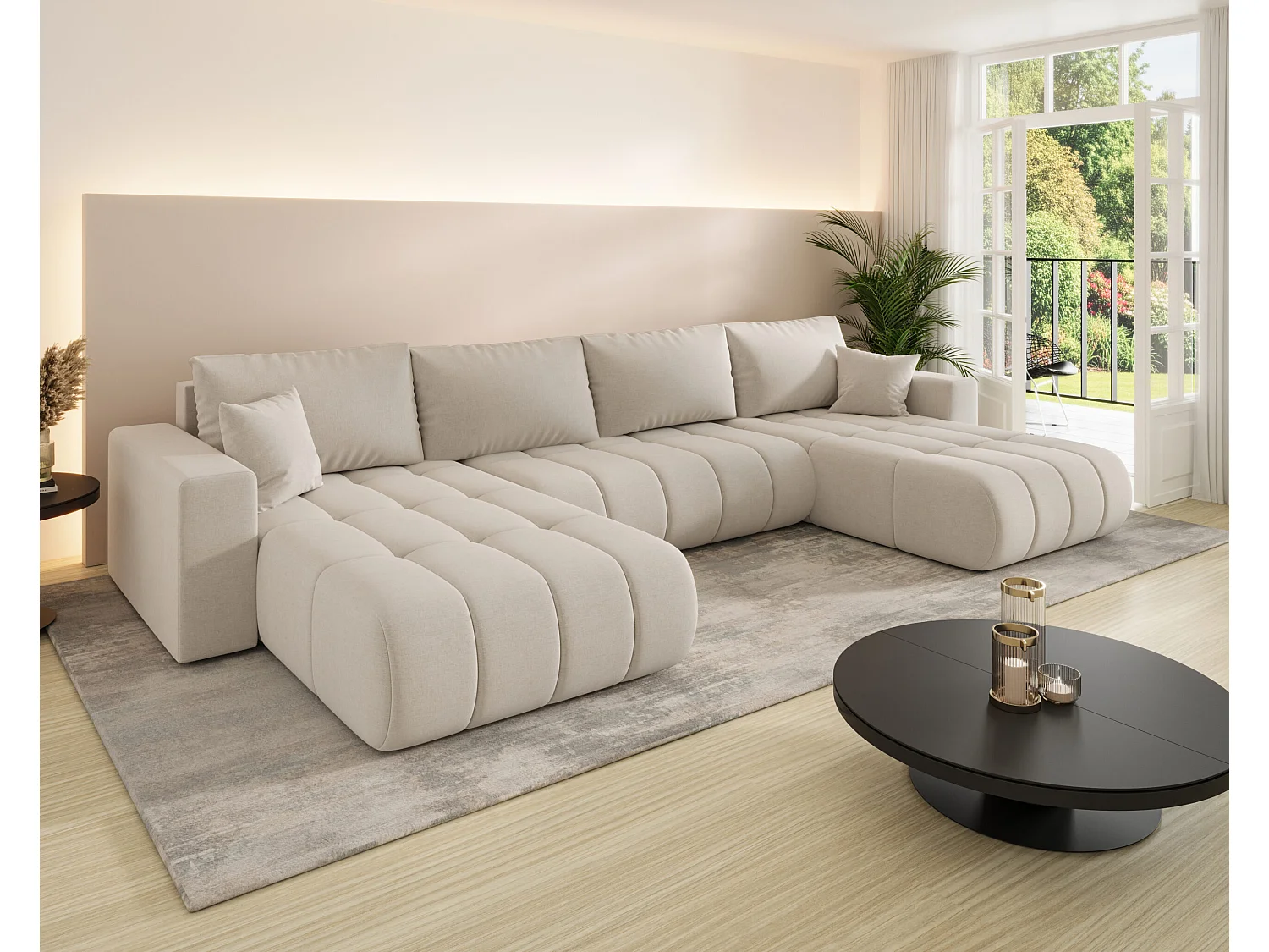 Canapé d'angle convertible avec compartiment de rangement MILO U PREMIUM, tissu WIND, beige