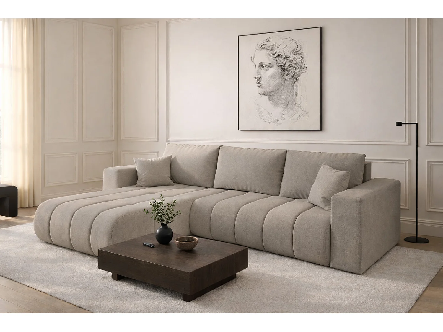 Narożnik z funkcją spania i pojemnikiem MILO PREMIUM, tkanina Wind, Szary, Lewy