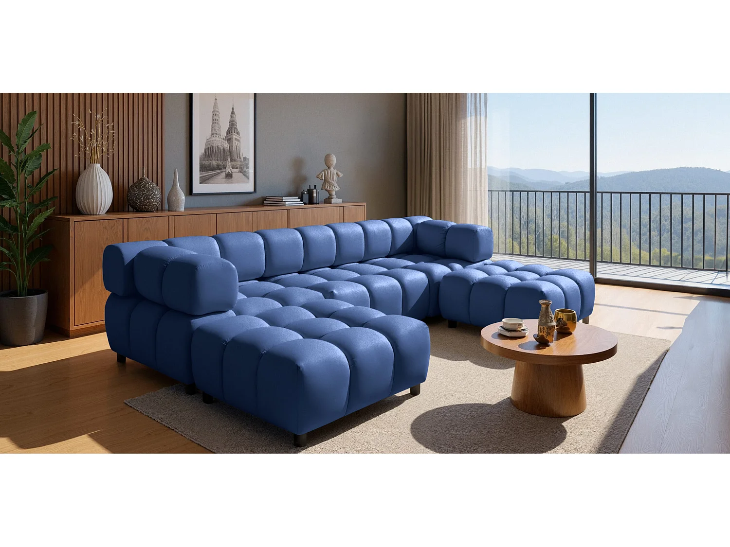 Canapé d'angle en U Bolla, tissu Bluvel, bleu encre