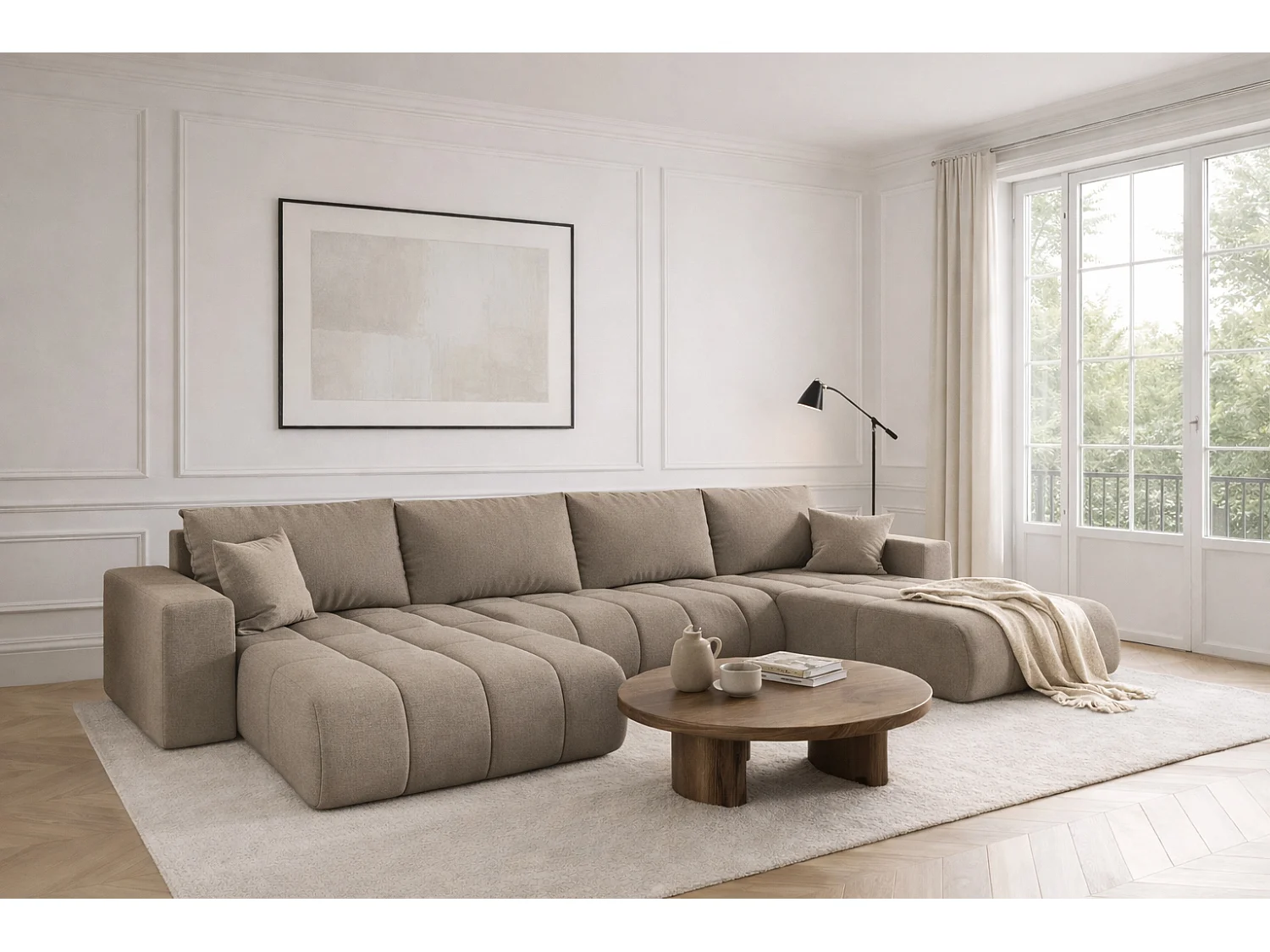 Narożnik z funkcją spania i pojemnikiem MILO U PREMIUM, tkanina Wind, Szary