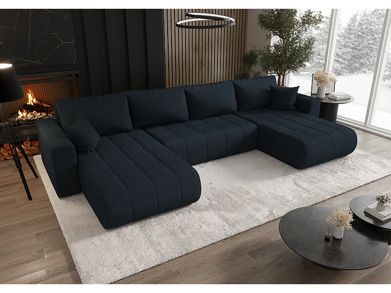 Canapé d'angle convertible avec coffre de rangement MILO U, tissu WIND, bleu foncé