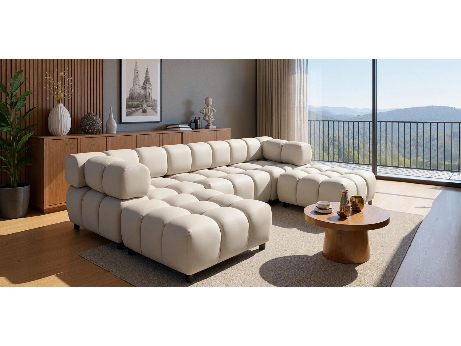 Canapé d'angle en U Bolla, tissu Bluvel, crème