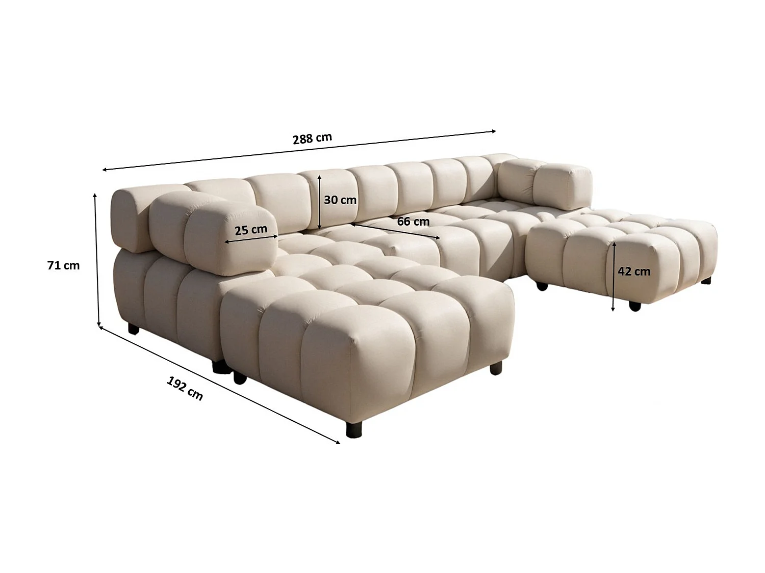 Canapé d'angle en U Bolla, tissu Bluvel, crème