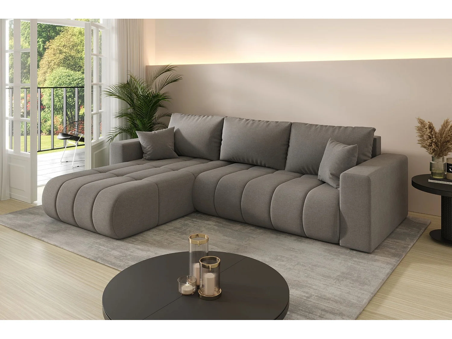 Canapé d'angle convertible avec compartiment de rangement MILO PREMIUM, tissu WIND, acier, gauche