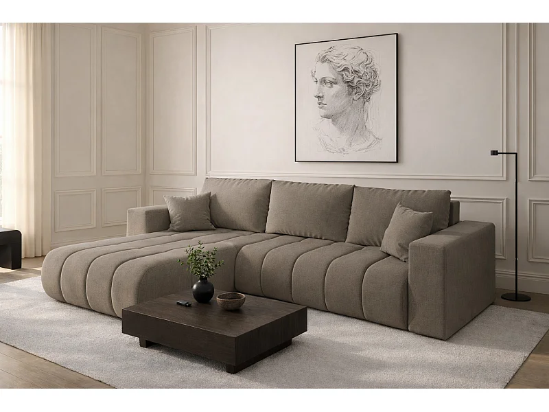 Divano angolare con funzione letto e vano contenitore MILO PREMIUM, tessuto WIND, acciaio, sinistra