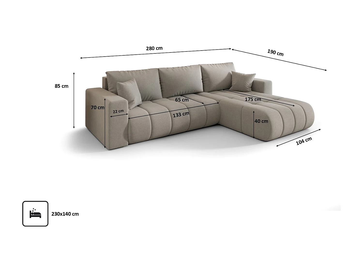 Canapé d'angle convertible avec compartiment de rangement MILO PREMIUM, tissu WIND, gris sable, à droite