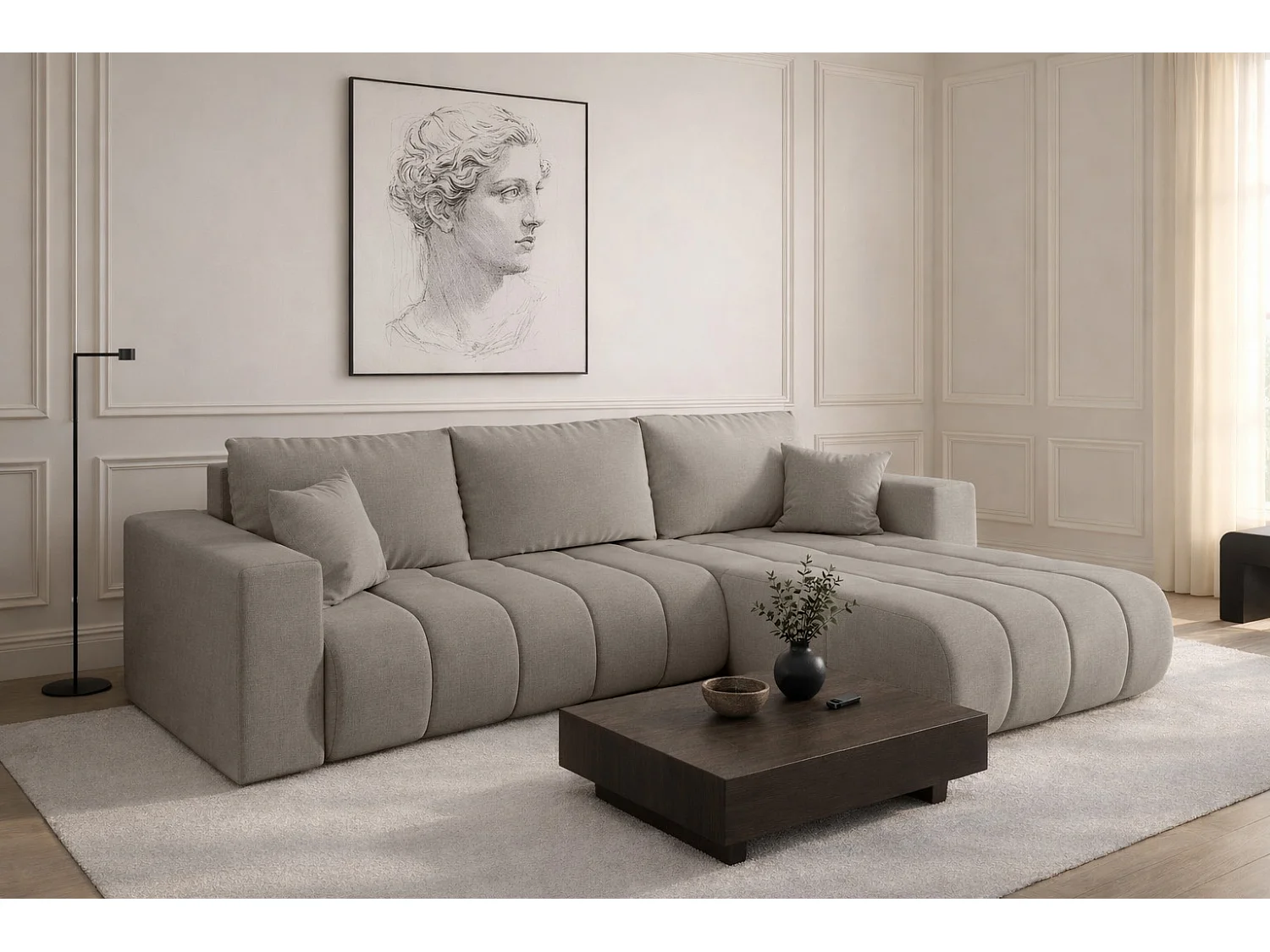 Narożnik z funkcją spania i pojemnikiem MILO PREMIUM, tkanina Wind, Piaskowy, Prawy