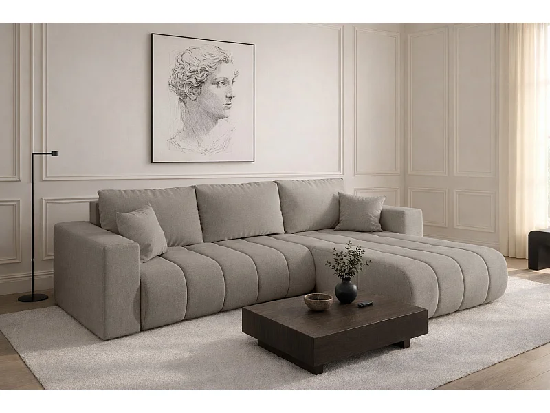 Canapé d'angle convertible avec compartiment de rangement MILO PREMIUM, tissu WIND, gris sable, à droite