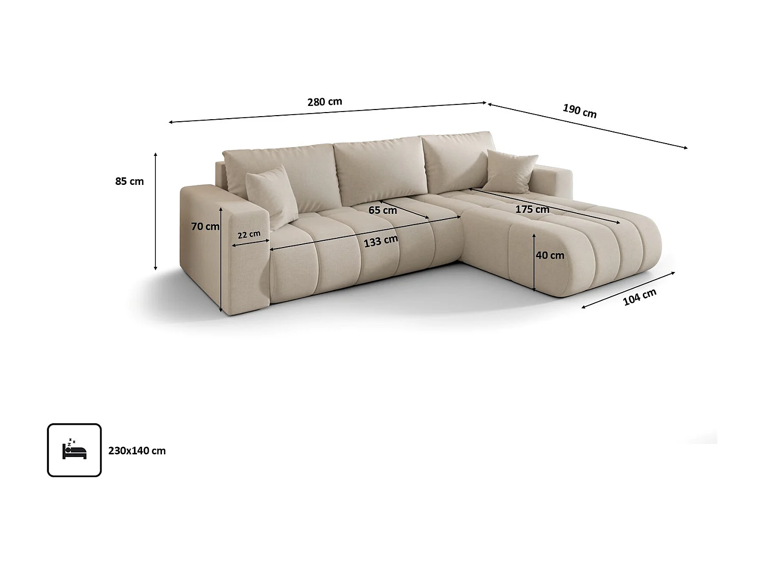 Canapé d'angle convertible avec compartiment de rangement MILO PREMIUM, tissu WIND, beige, côté droit