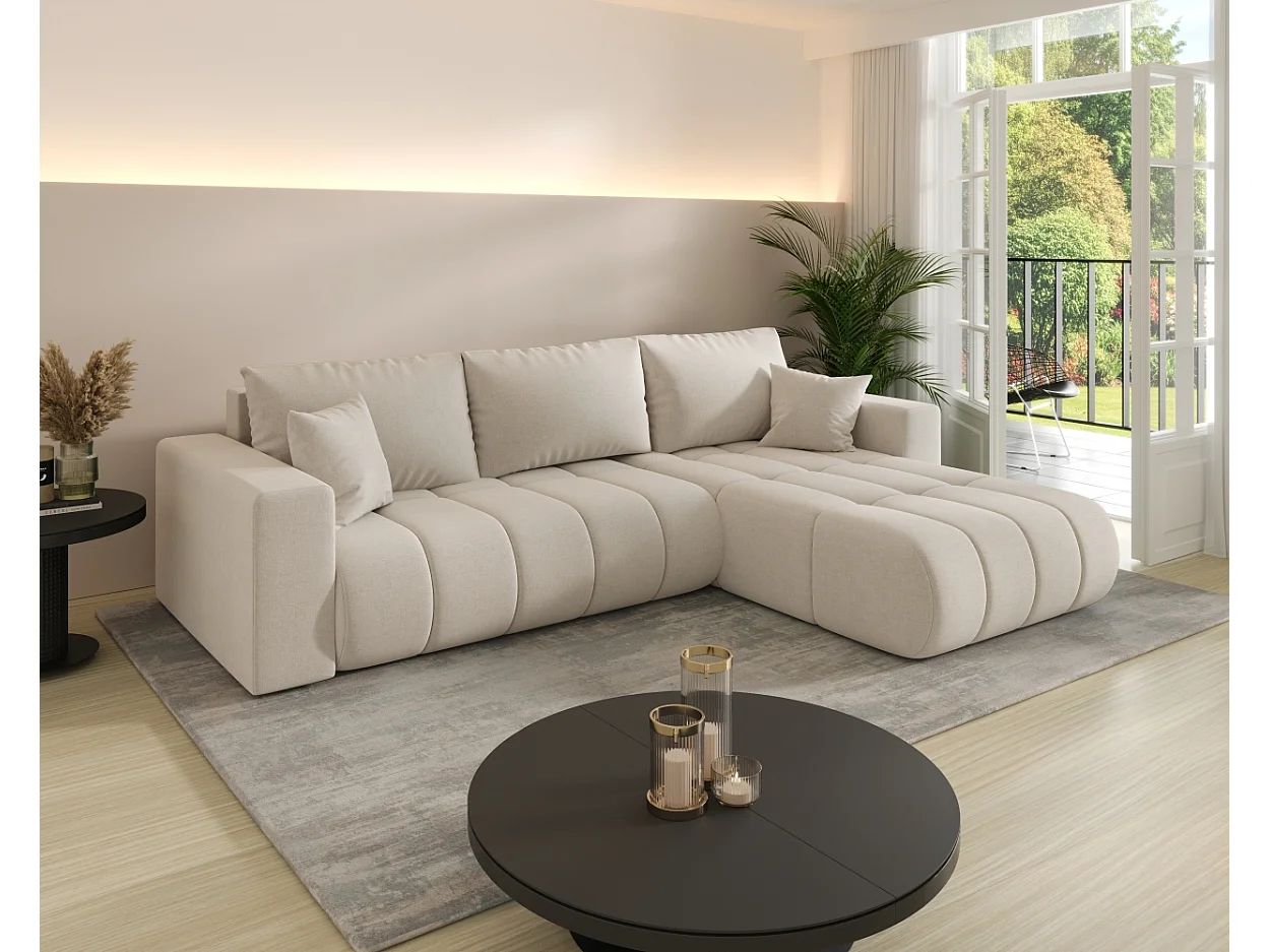 Canapé d'angle convertible avec compartiment de rangement MILO PREMIUM, tissu WIND, beige, côté droit