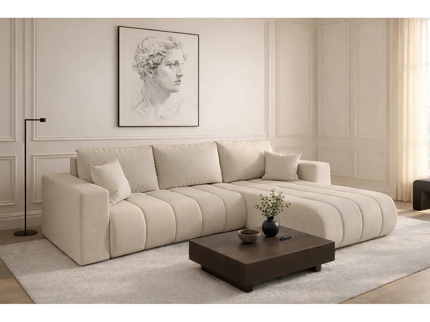 Narożnik z funkcją spania i pojemnikiem MILO PREMIUM, tkanina Wind, Beżowy, Prawy