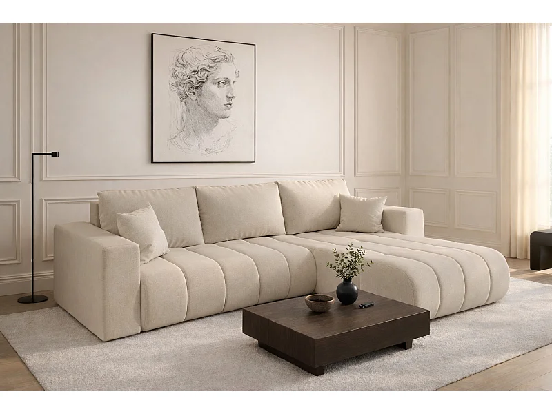 Canapé d'angle convertible avec compartiment de rangement MILO PREMIUM, tissu WIND, beige, côté droit