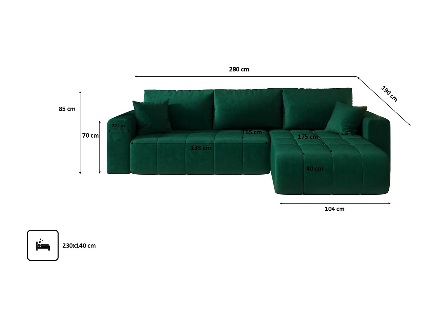 Canapé d'angle convertible avec coffre de rangement MILO, tissu MONOLITH, vert, à droite