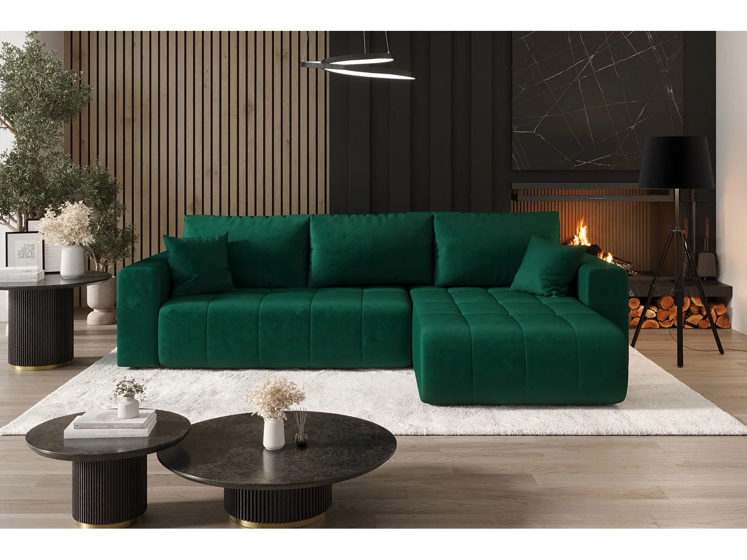 Canapé d'angle convertible avec coffre de rangement MILO, tissu MONOLITH, vert, à droite