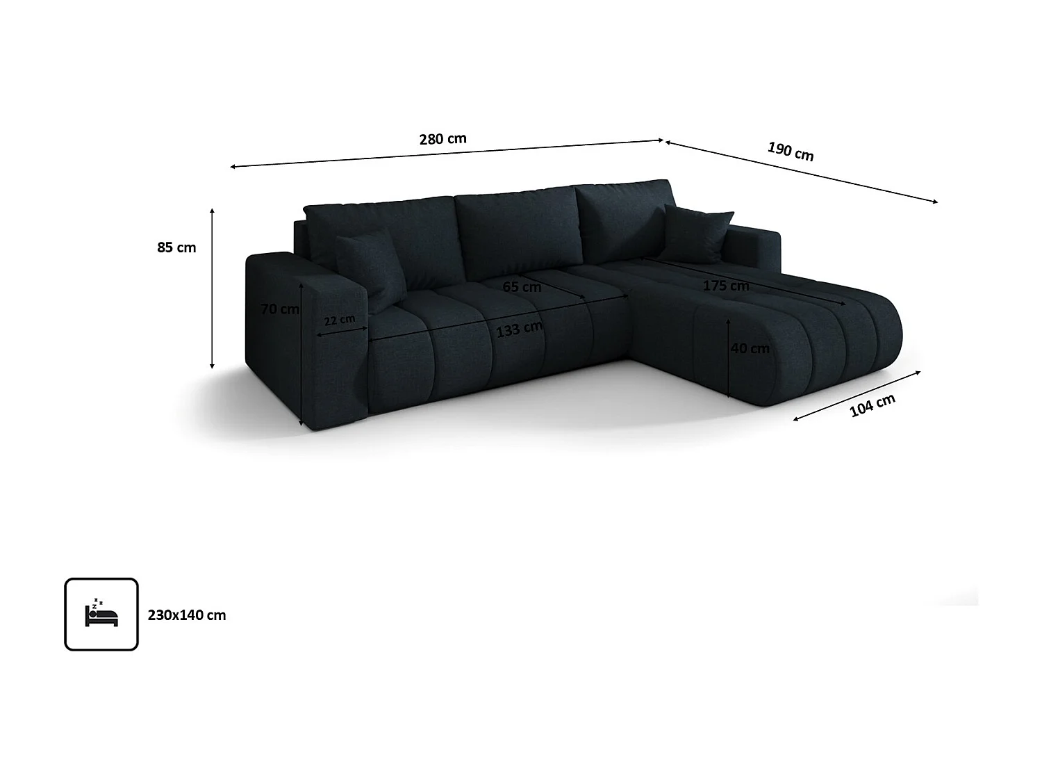 Canapé d'angle convertible avec compartiment de rangement MILO PREMIUM, tissu WIND, bleu foncé, côté droit