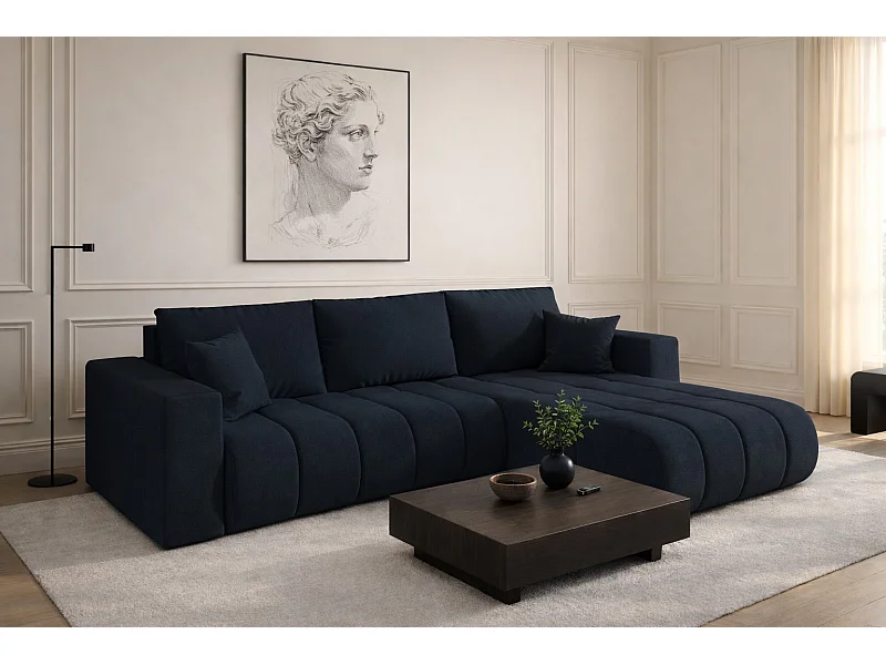 Canapé d'angle convertible avec compartiment de rangement MILO PREMIUM, tissu WIND, bleu foncé, côté droit