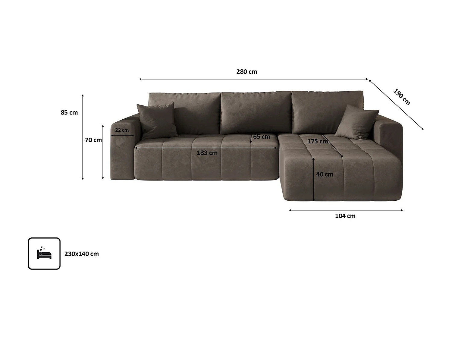 Canapé d'angle convertible avec coffre de rangement MILO, tissu MONOLITH, chocolat, côté droit