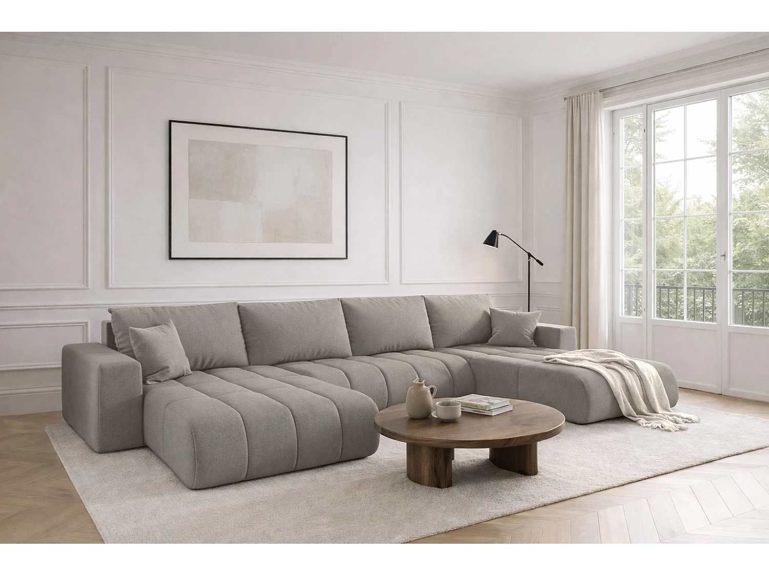 Narożnik z funkcją spania i pojemnikiem MILO U PREMIUM, tkanina Wind, Piaskowy