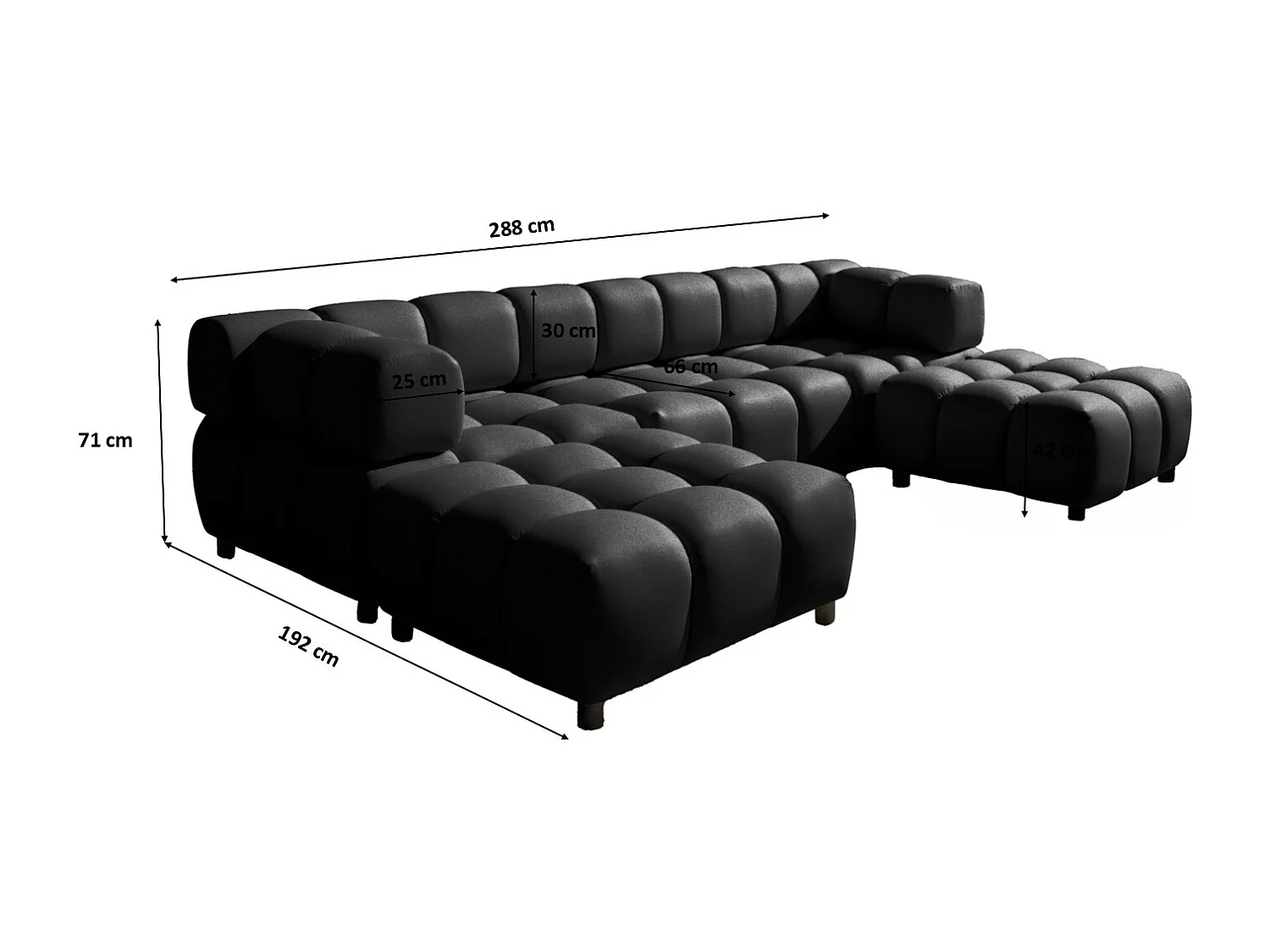 Canapé d'angle en U Bolla, tissu Bluvel, noir