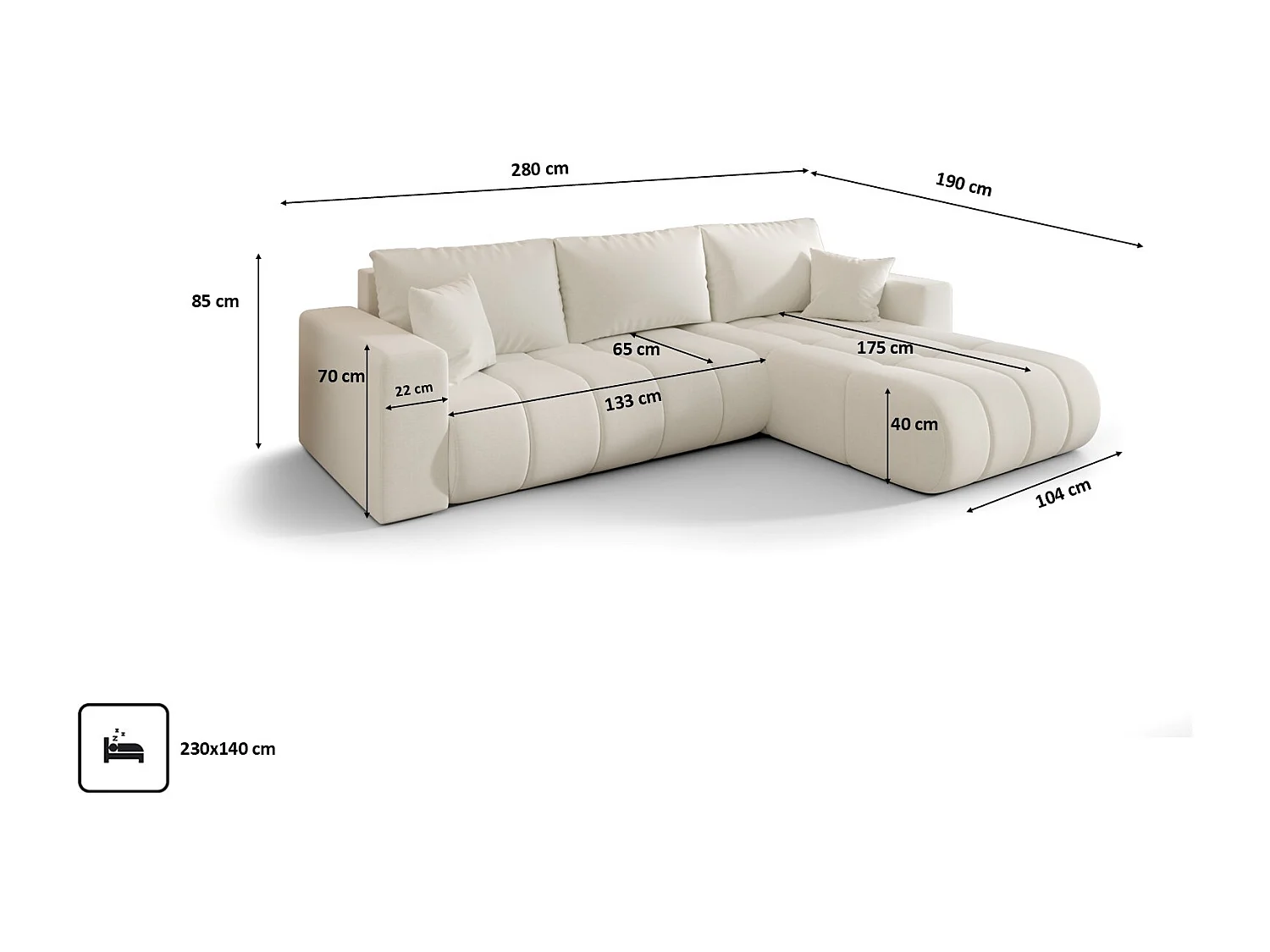 Canapé d'angle convertible avec compartiment de rangement MILO PREMIUM, tissu WIND, écru, à droite