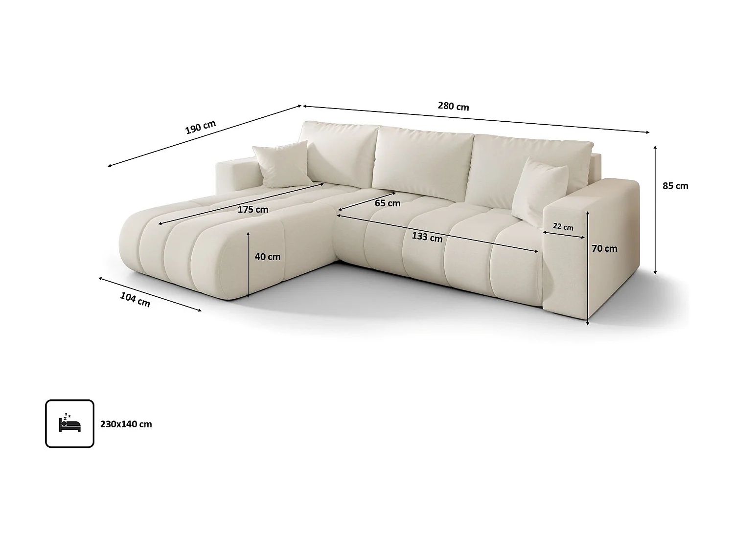 Ecksofa mit schlaffunktion und bettkasten MILO PREMIUM, stoff WIND, Ecru, Links