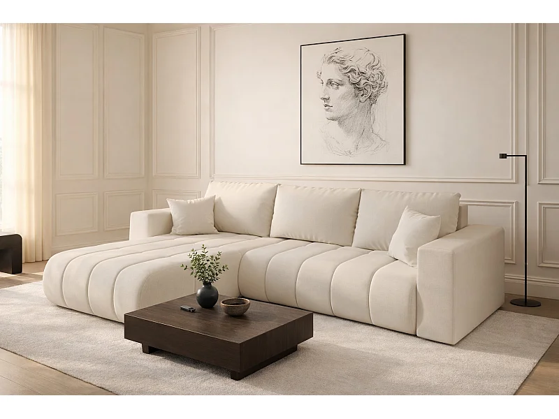 Canapé d'angle convertible avec compartiment de rangement MILO PREMIUM, tissu WIND, écru, gauche