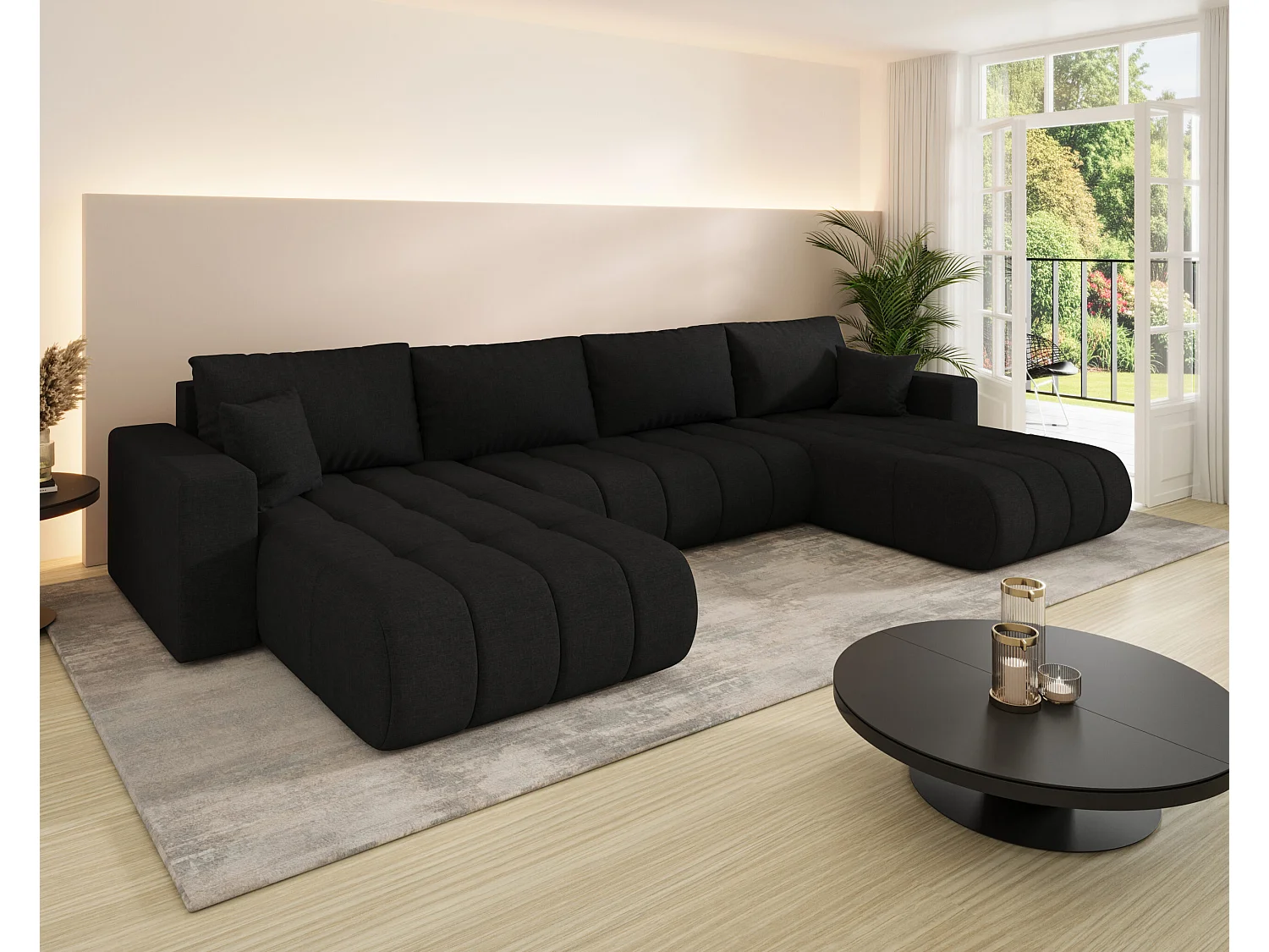 Canapé d'angle convertible avec compartiment de rangement MILO U PREMIUM, tissu WIND, noir