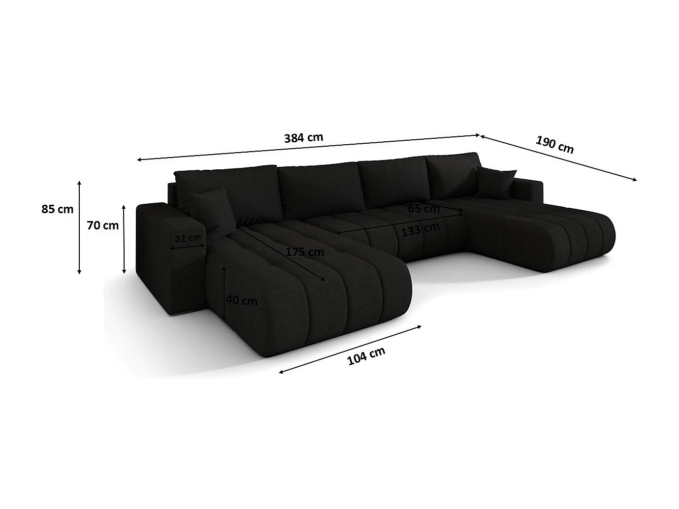 Canapé d'angle convertible avec compartiment de rangement MILO U PREMIUM, tissu WIND, noir