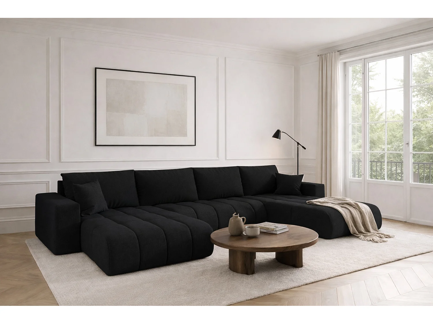 Narożnik z funkcją spania i pojemnikiem MILO U PREMIUM, tkanina Wind, Czarny