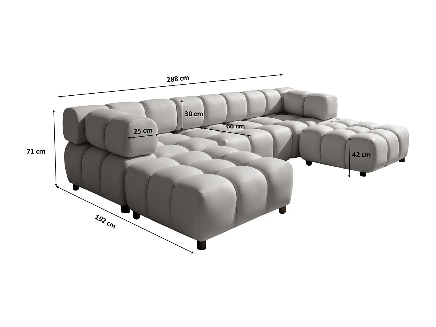 Canapé d'angle en U Bolla, tissu Bluvel, gris