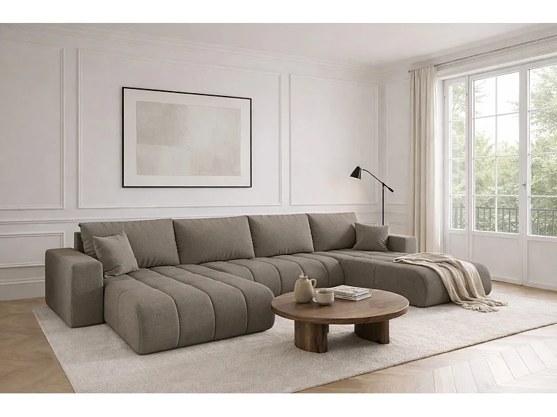 Narożnik z funkcją spania i pojemnikiem MILO U PREMIUM, tkanina Wind, Brązowoszary