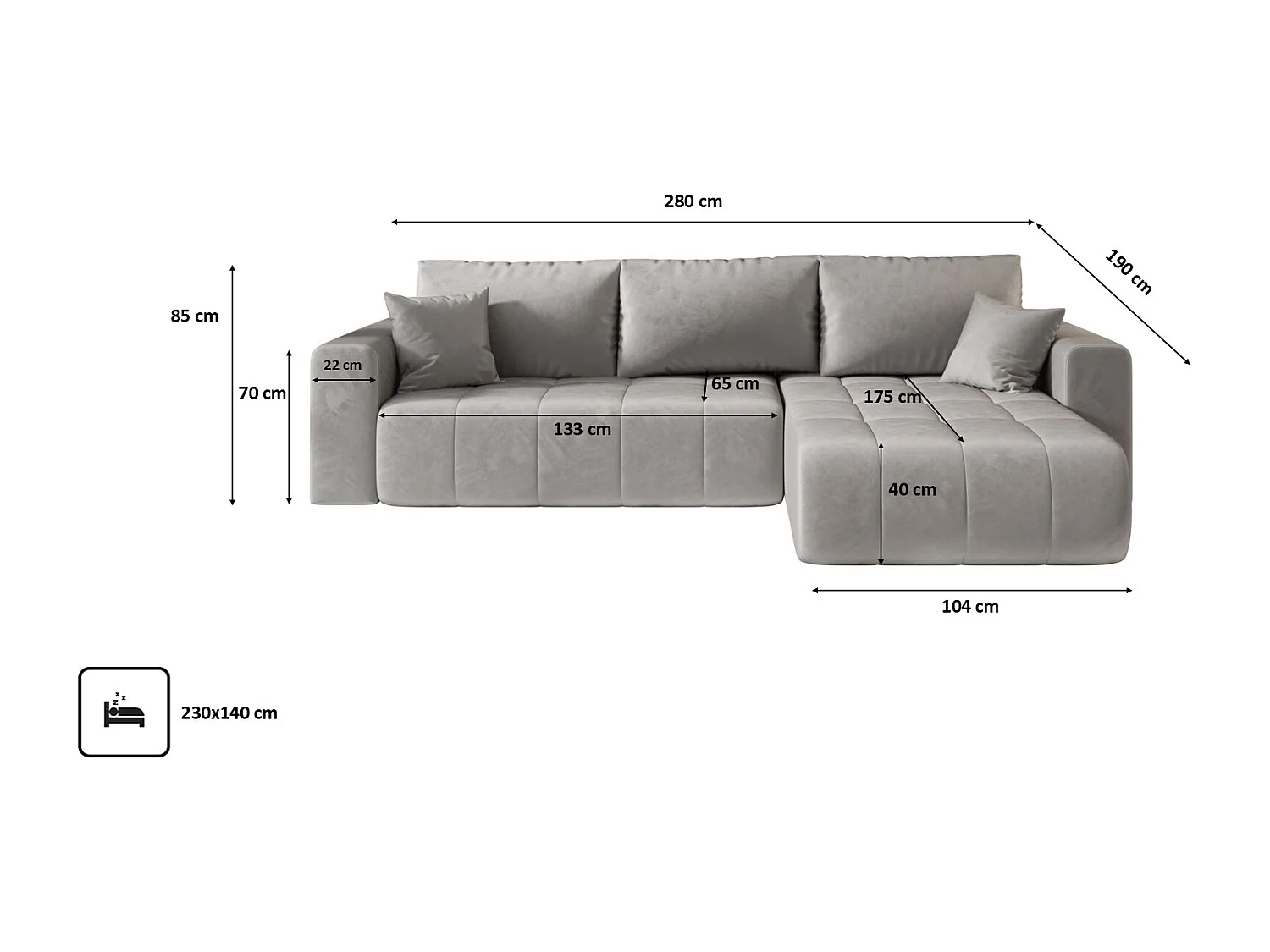 Canapé d'angle convertible avec coffre de rangement MILO, tissu MONOLITH, gris clair, à droite