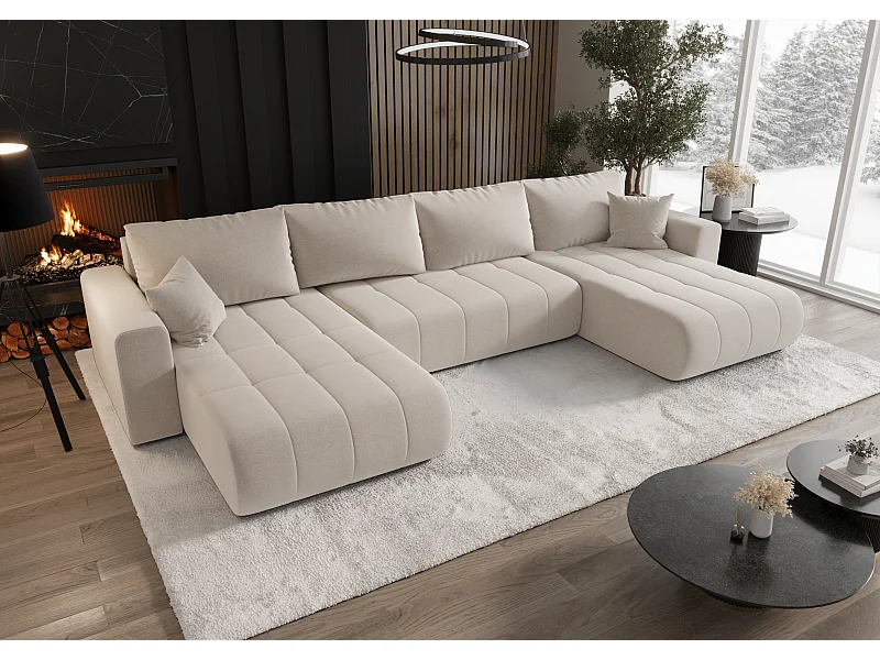 Canapé d'angle convertible avec coffre de rangement MILO U, tissu WIND, beige