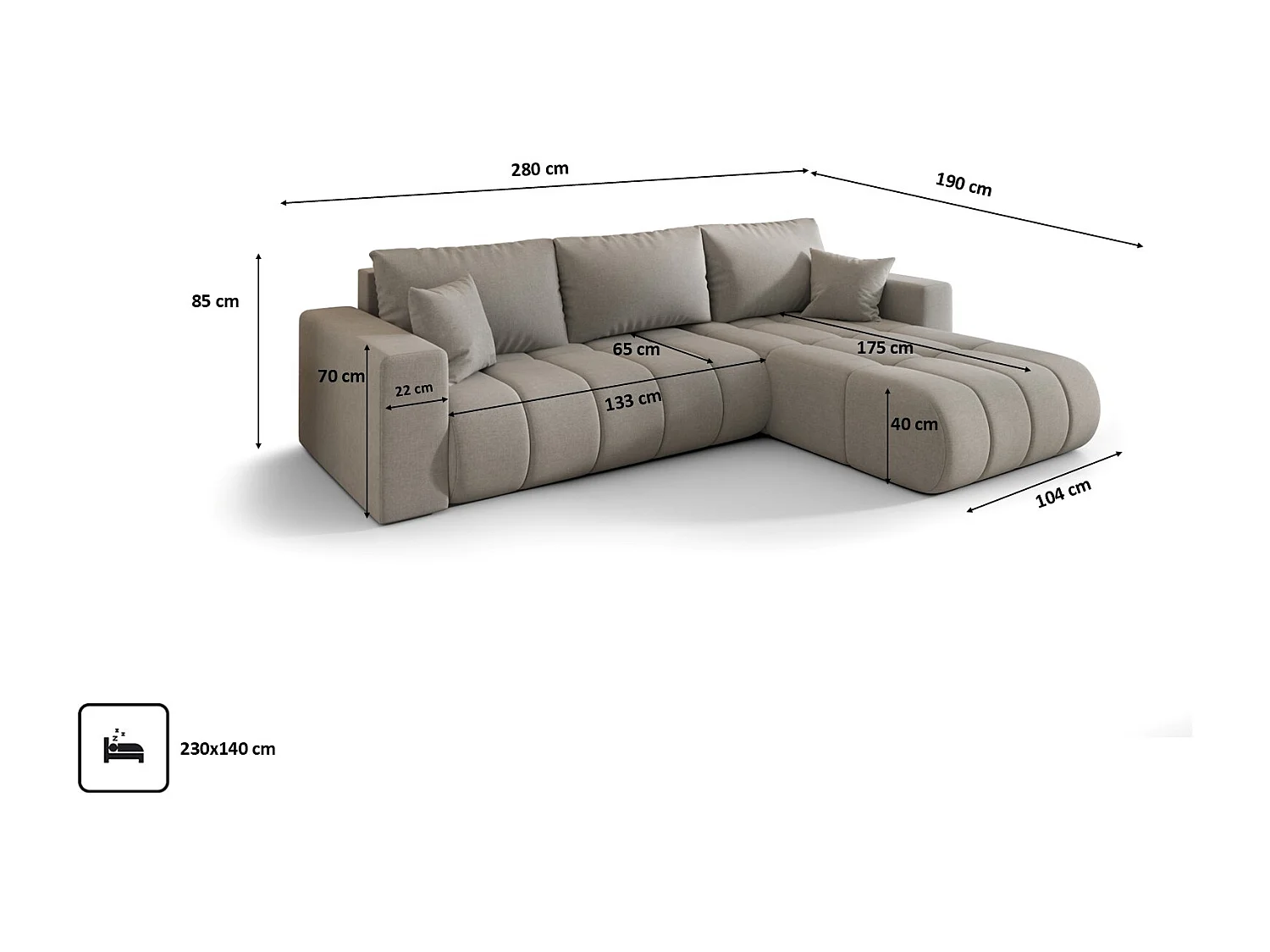 Canapé d'angle convertible avec compartiment de rangement MILO PREMIUM, tissu WIND, Gris, Droite