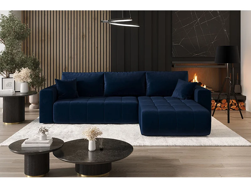 Canapé d'angle convertible avec coffre de rangement MILO, tissu MONOLITH, bleu foncé, à droite