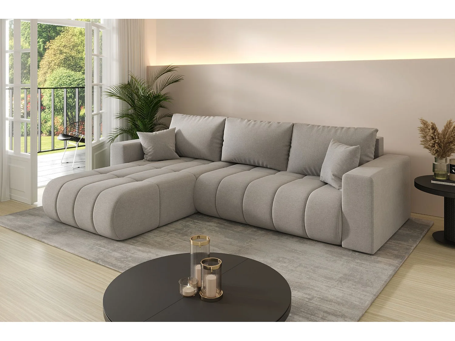 Ecksofa mit schlaffunktion und bettkasten MILO PREMIUM, stoff WIND, Sandgrau, Links