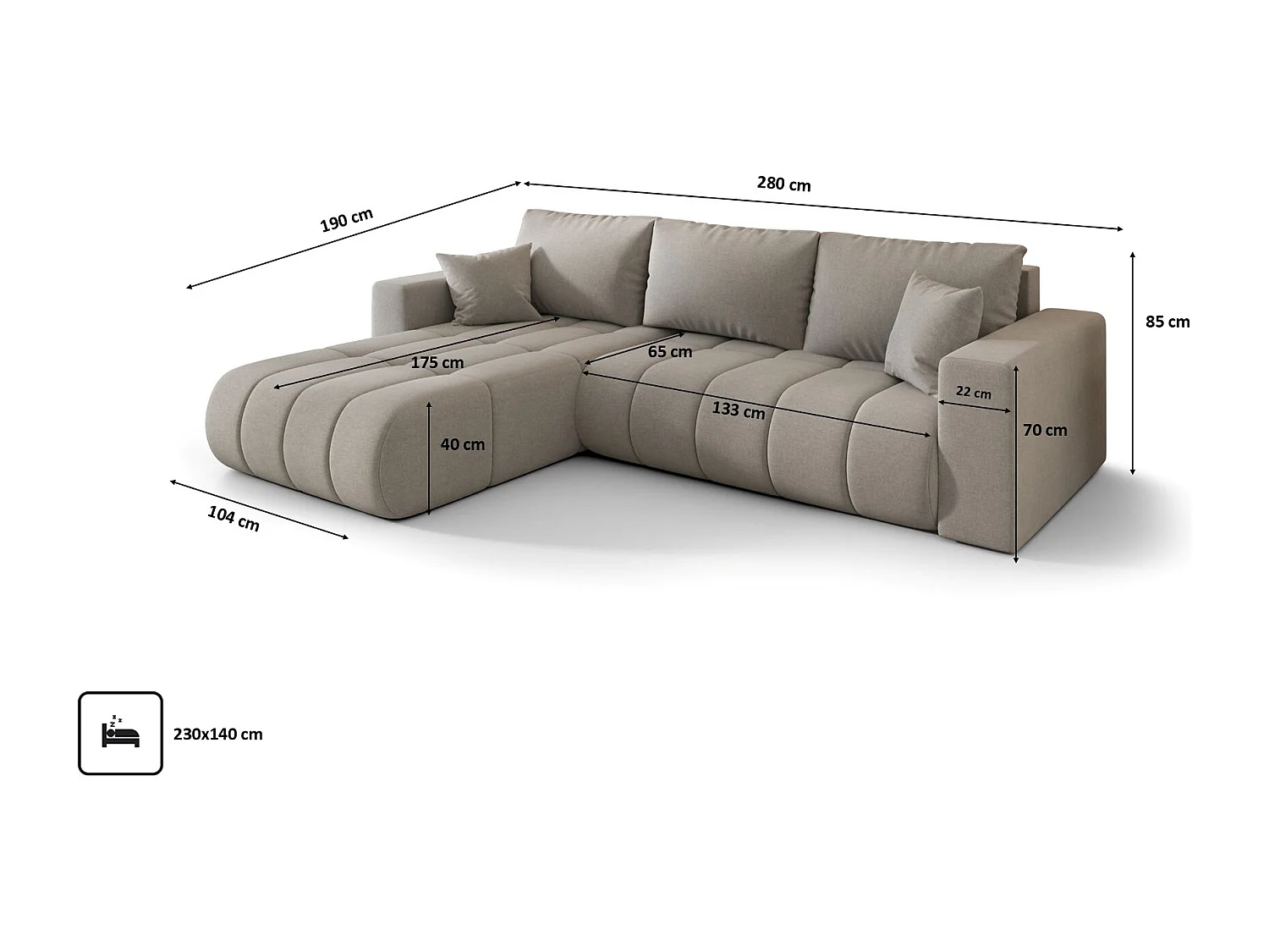Ecksofa mit schlaffunktion und bettkasten MILO PREMIUM, stoff WIND, Sandgrau, Links