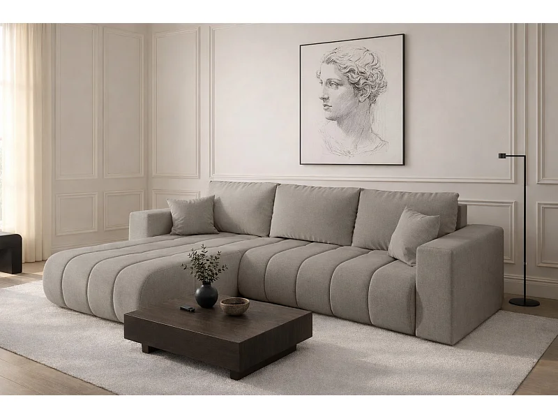 Canapé d'angle convertible avec compartiment de rangement MILO PREMIUM, tissu WIND, gris sable, gauche