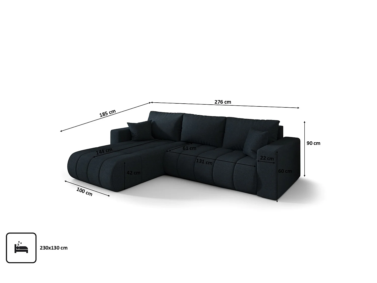 Divano angolare con funzione letto e vano contenitore MILO PREMIUM, tessuto WIND, blu scuro, sinistra
