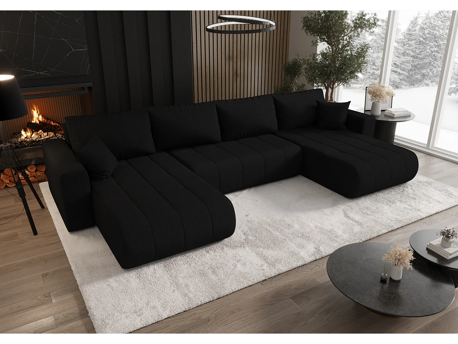 Canapé d'angle convertible avec coffre de rangement MILO U, tissu WIND, noir