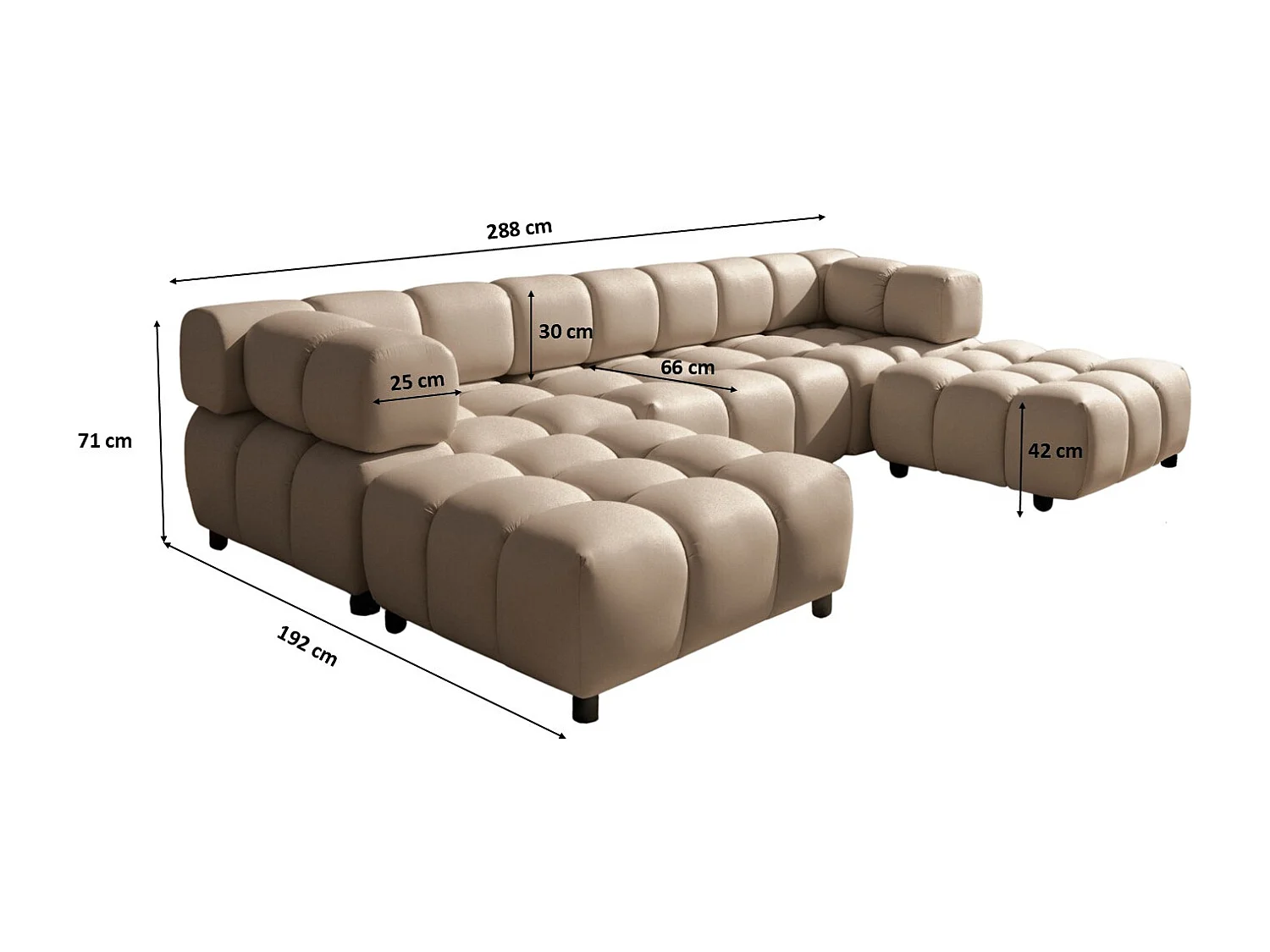 Canapé d'angle en U Bolla, tissu Bluvel, Latte