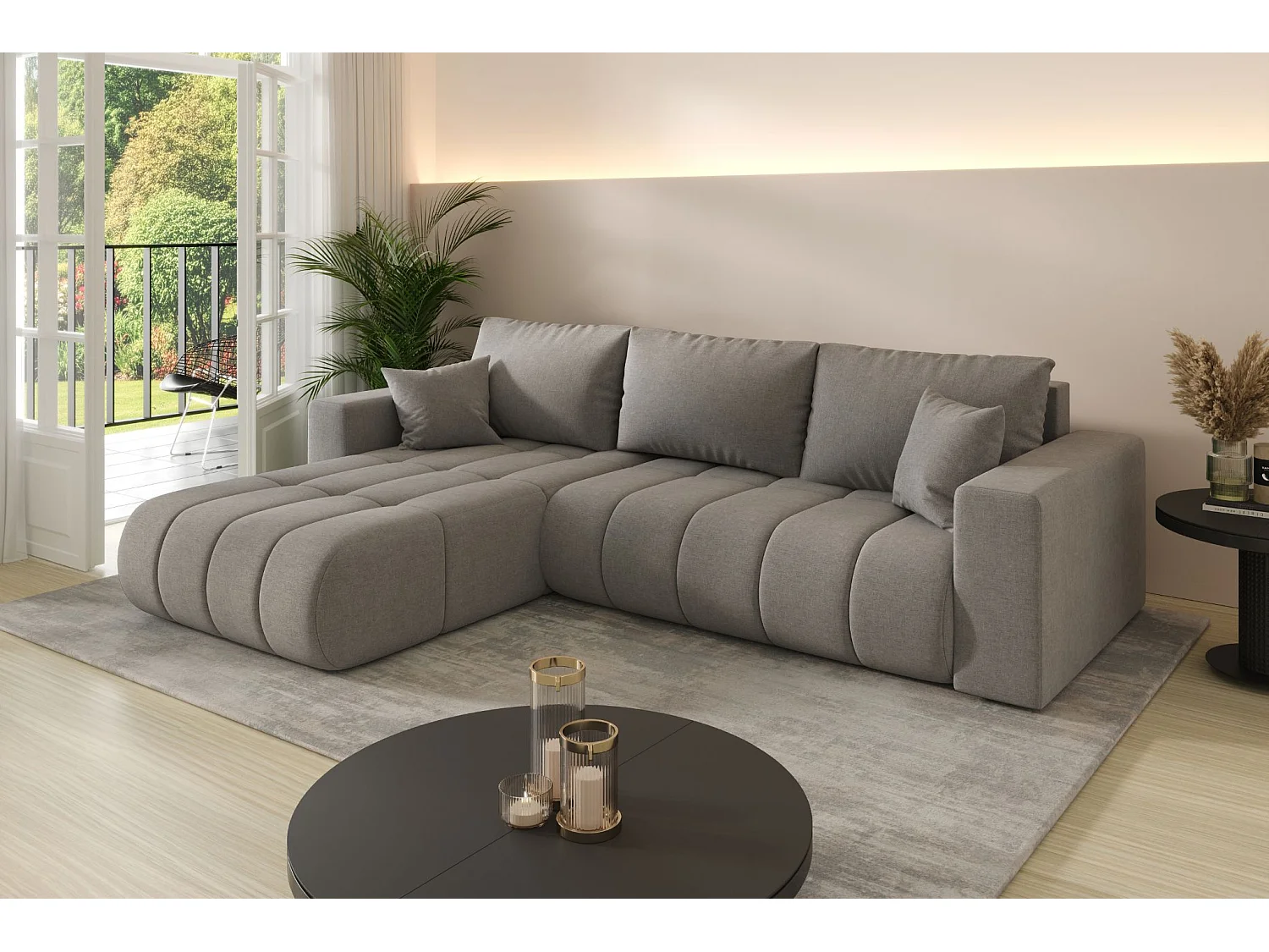 Canapé d'angle convertible avec compartiment de rangement MILO PREMIUM, tissu WIND, gris-brun, gauche