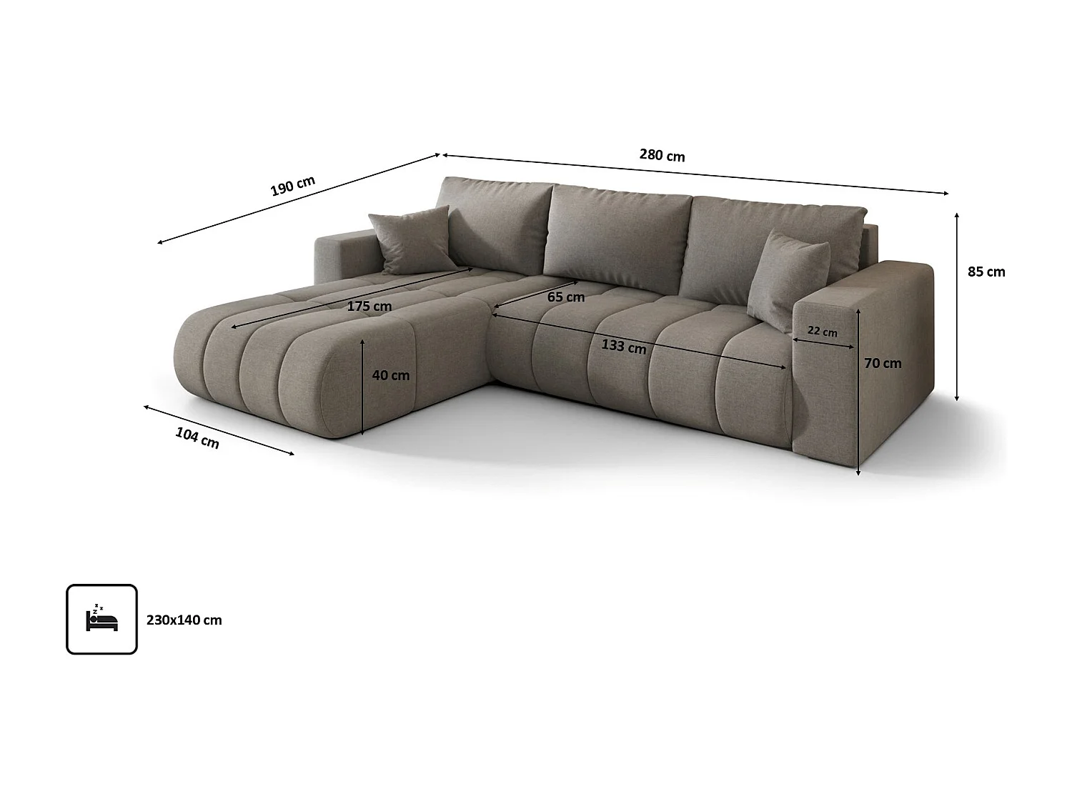 Canapé d'angle convertible avec compartiment de rangement MILO PREMIUM, tissu WIND, gris-brun, gauche