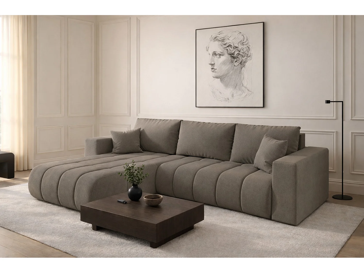 Narożnik z funkcją spania i pojemnikiem MILO PREMIUM, tkanina Wind, Brązowoszary, Lewy