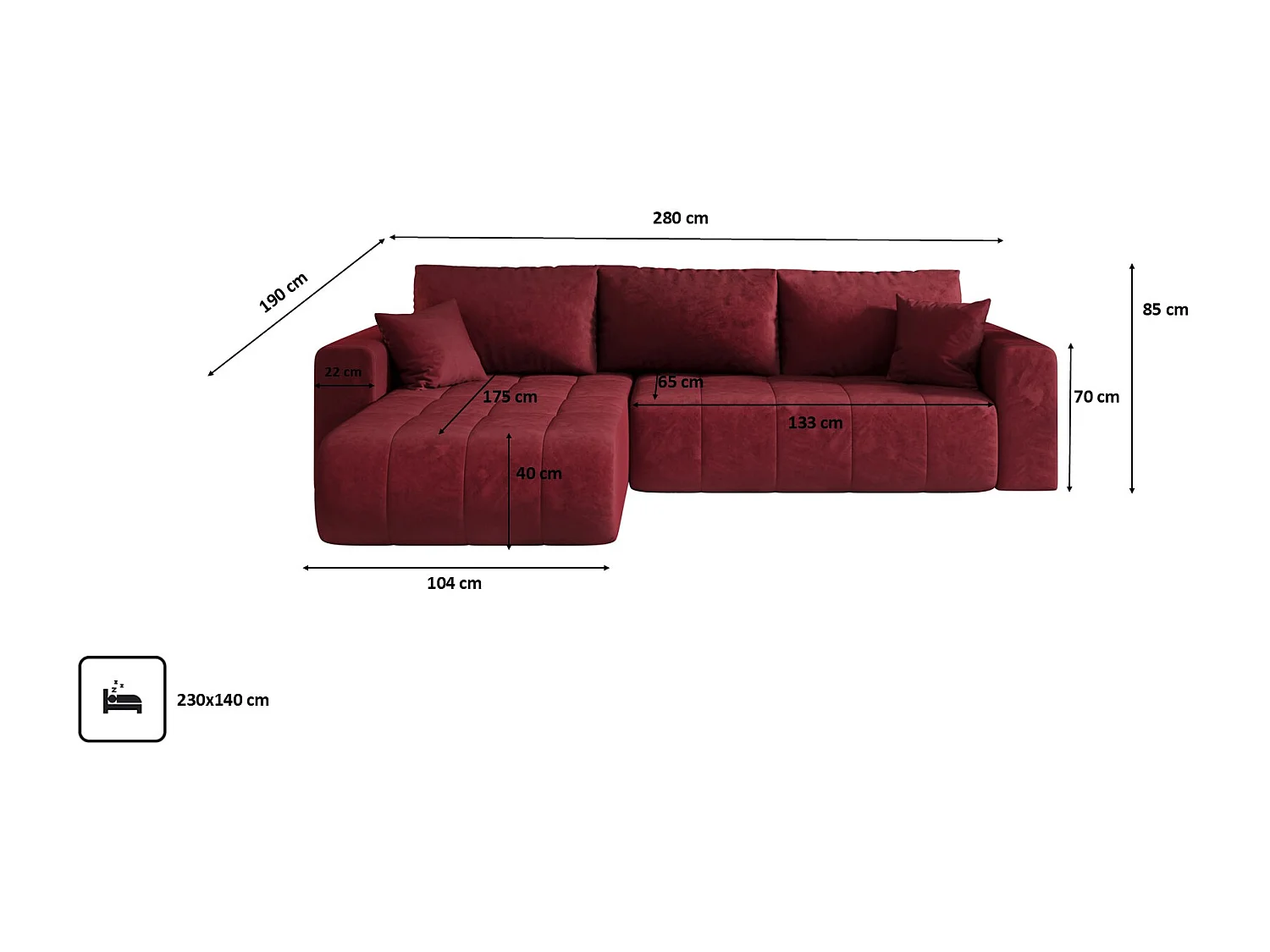 Canapé d'angle convertible avec coffre de rangement MILO, tissu MONOLITH, rouge, gauche