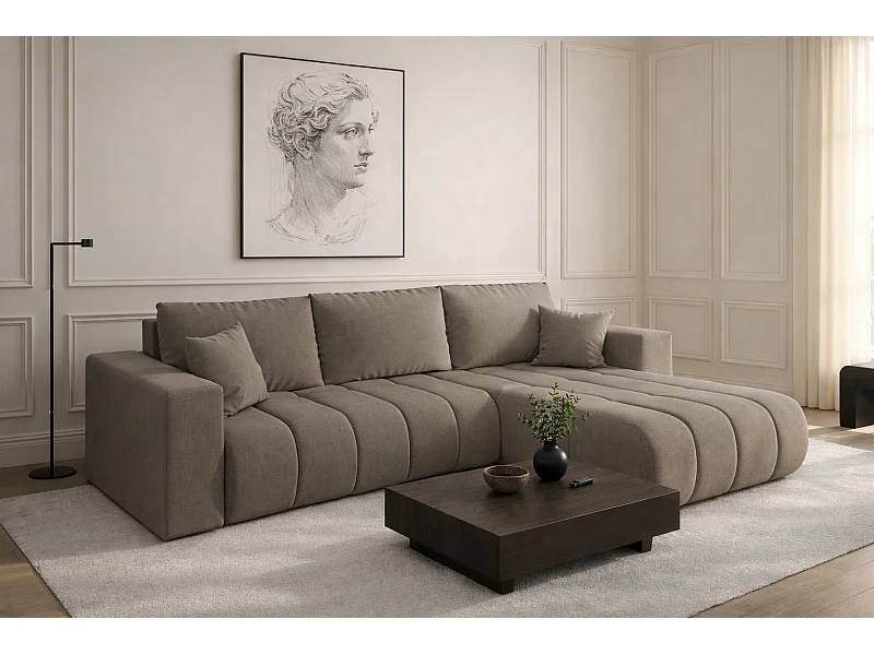 Divano angolare con funzione letto e vano contenitore MILO PREMIUM, tessuto WIND, acciaio, destra