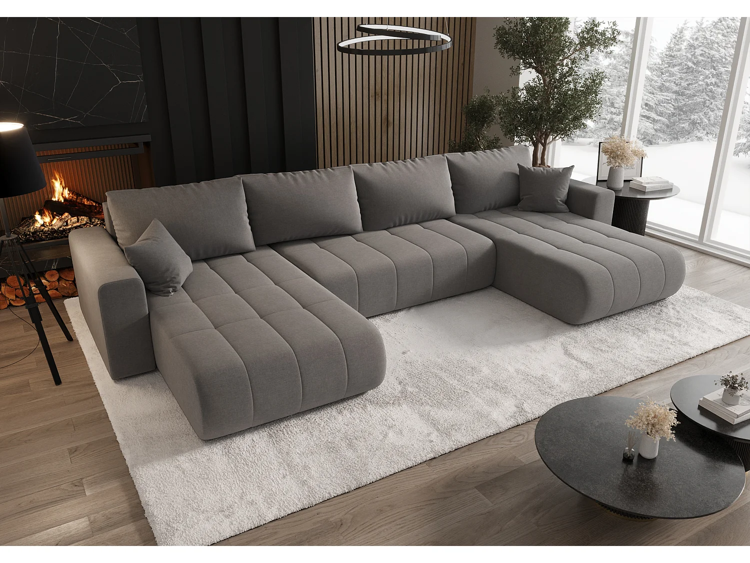 Canapé d'angle convertible avec coffre de rangement MILO U, tissu WIND, acier