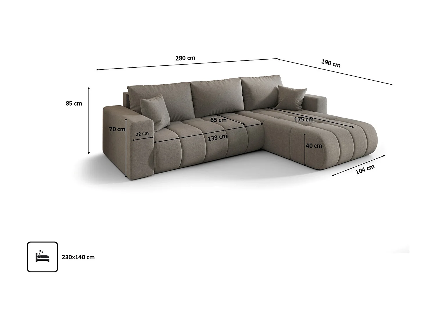 Canapé d'angle convertible avec compartiment de rangement MILO PREMIUM, tissu WIND, gris-brun, côté droit