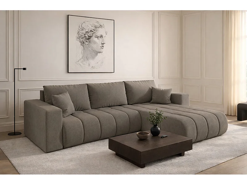 Narożnik z funkcją spania i pojemnikiem MILO PREMIUM, tkanina Wind, Brązowoszary, Prawy